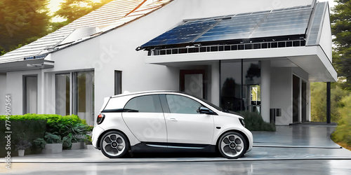 Evening view of a modern eco smart house with solar panels and electric futuristic white car. Solar Panels on a Roof Charging an Electric Vehicle and Home Battery Backup System. photo