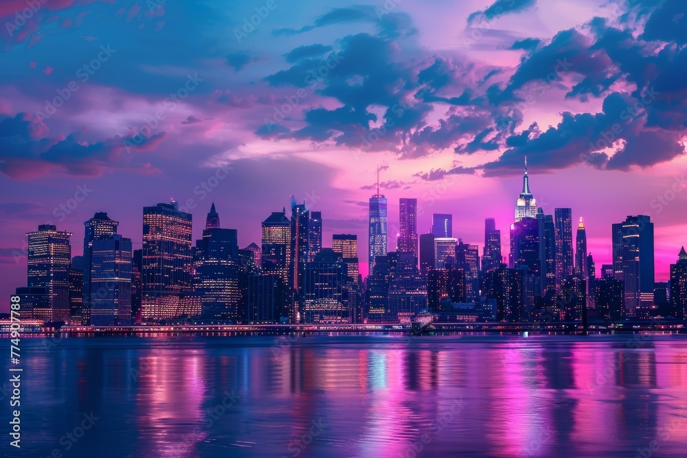 Sunset Glow Over Waterfront Cityscape and Skyline