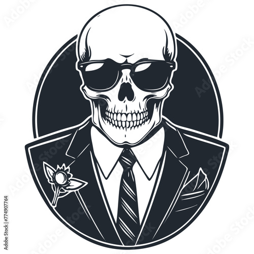 Agent, traveling salesman, Skull in a business suit and sunglasses, vector illustration