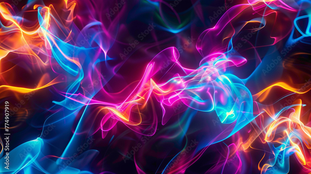 Glowing neon lights intertwining in a mesmerizing dance of colors and shapes.