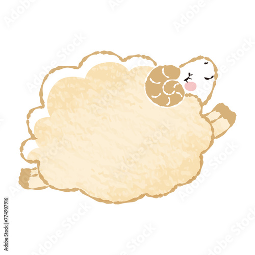 色鉛筆タッチのシンプルでかわいい目を閉じたモコモコの羊（横向き）