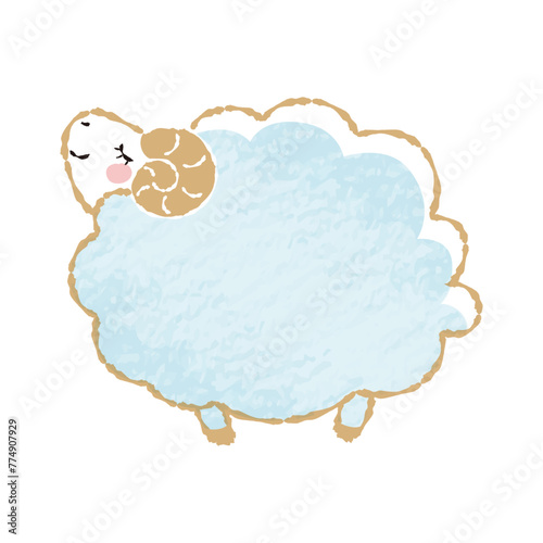 色鉛筆タッチのシンプルでかわいい目を閉じたモコモコの羊（横向き）