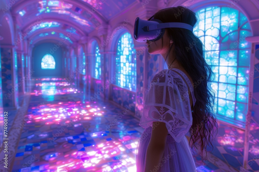 Woman in a white dress explores a virtual world
