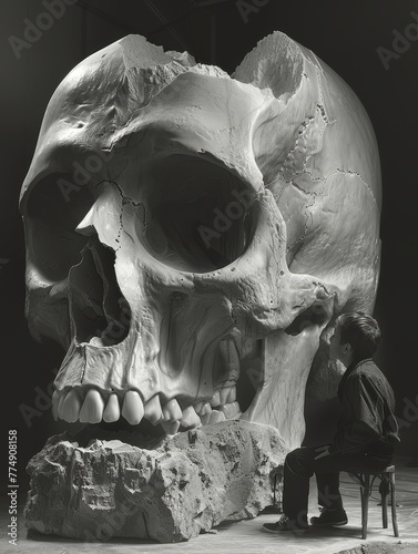 a man studies a huge skelton of a head photo