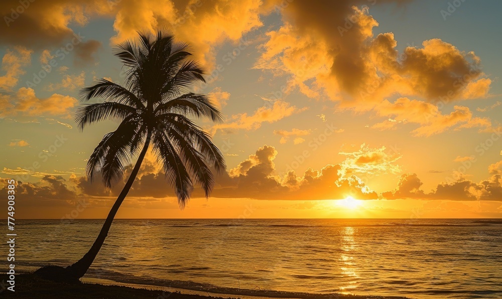 A lone palm tree silhouetted against the golden hues of a sunrise over the ocean, tropical nature at sunset
