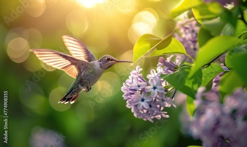 A lilac flower being visited by a hummingbird photo