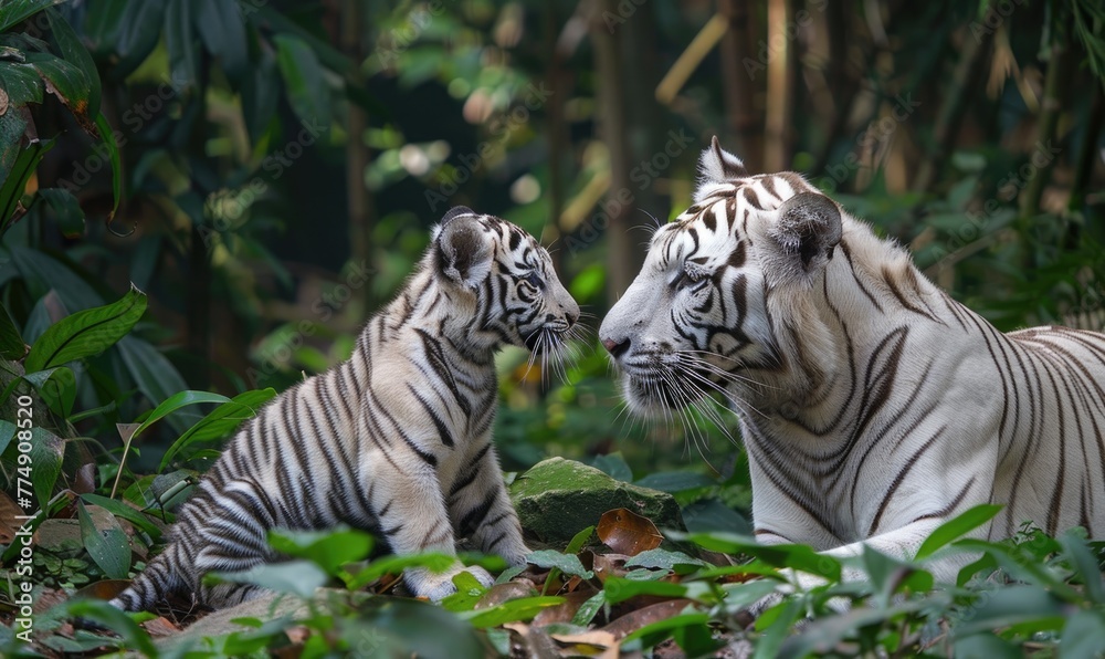 Naklejka premium White tiger with cubs in the forest