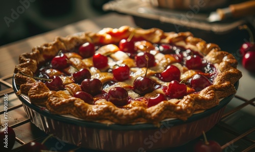 Closeup view of cherry pie with fresh cherries photo