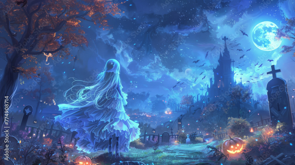 scary halloween background with a ghost girl on a graveyard scary halloween background with a ghost girl on a graveyard