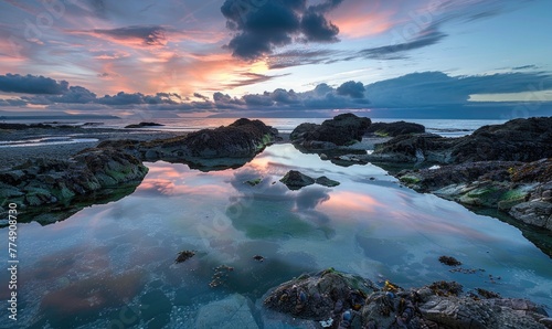 A peaceful tide pool reflecting the colors of the sky at twilight