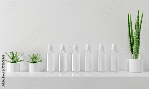 A row of blank bottle mockups with nature cosmetic photo