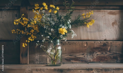 A rustic mantel adorned with a mason jar filled with Mimosa branches photo