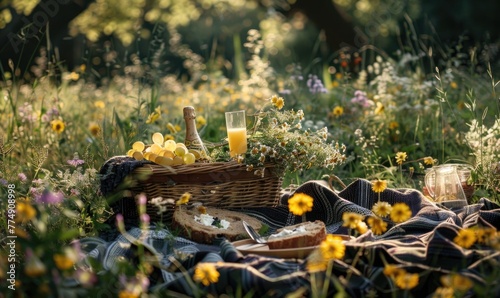 A rustic picnic setup in a sun-dappled meadow © TheoTheWizard
