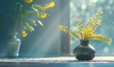 Vase with yellow flowers in morning light