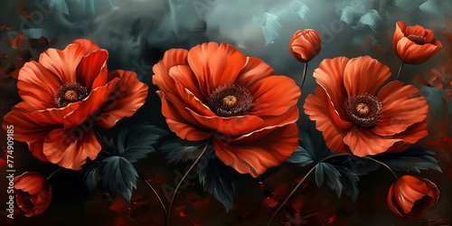 Oil painted red poppy daisy flowers on the dark background