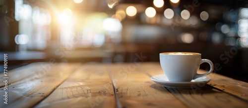 A cup of coffee on a wooden surface