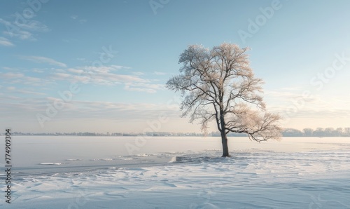 A solitary tree standing on the frozen shore of a lake