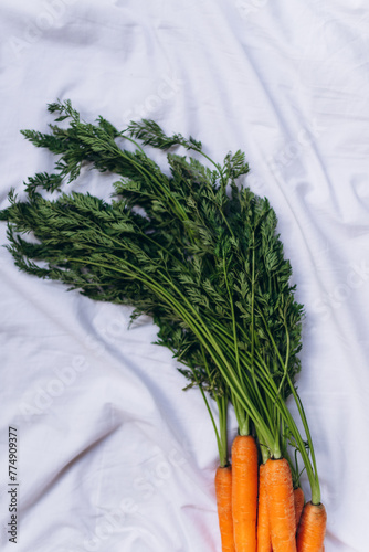 Bunch of carrots with greens on a white material