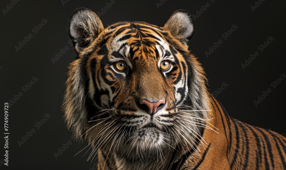 Fototapeta premium A Javan tiger portrait on black background