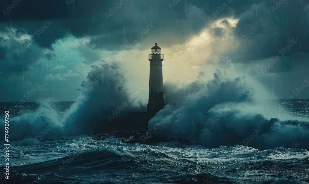A lighthouse standing tall against the backdrop of a stormy ocean