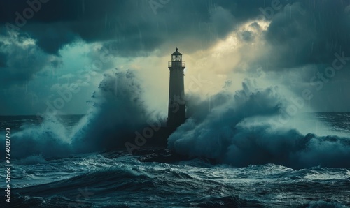 A lighthouse standing tall against the backdrop of a stormy ocean © TheoTheWizard