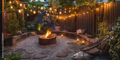 a cozy modern backyard with a fire pit area