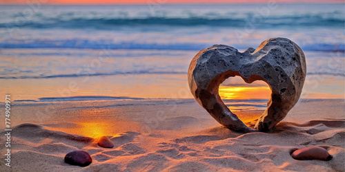 A heart-shaped stone rests on the sandy shore.