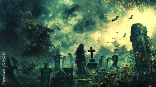 scary halloween background with a ghost girl on a graveyard