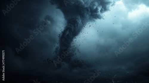 Epic tornado against the backdrop of dark rain clouds, strong wind, natural disaster.