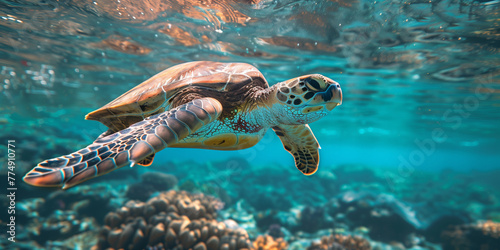 sea turtle swimming among colorful coral reef in ocean clear water