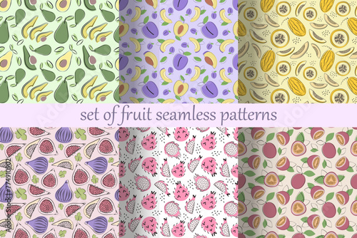 Set of fruit seamless patterns with avocado, plum, melon, fig, pitaya, passion fruit in simple flat design. Vector illustration. 