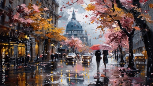 An evocative depiction of a rainy city street, where umbrellas bloom like flowers and reflections dance in puddles, painted with oil colors.