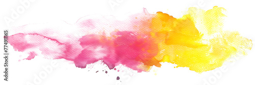 Yellow and pink blended watercolor paint stain on transparent background.