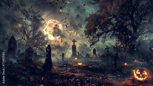 scary halloween background with a ghost girl on a graveyard