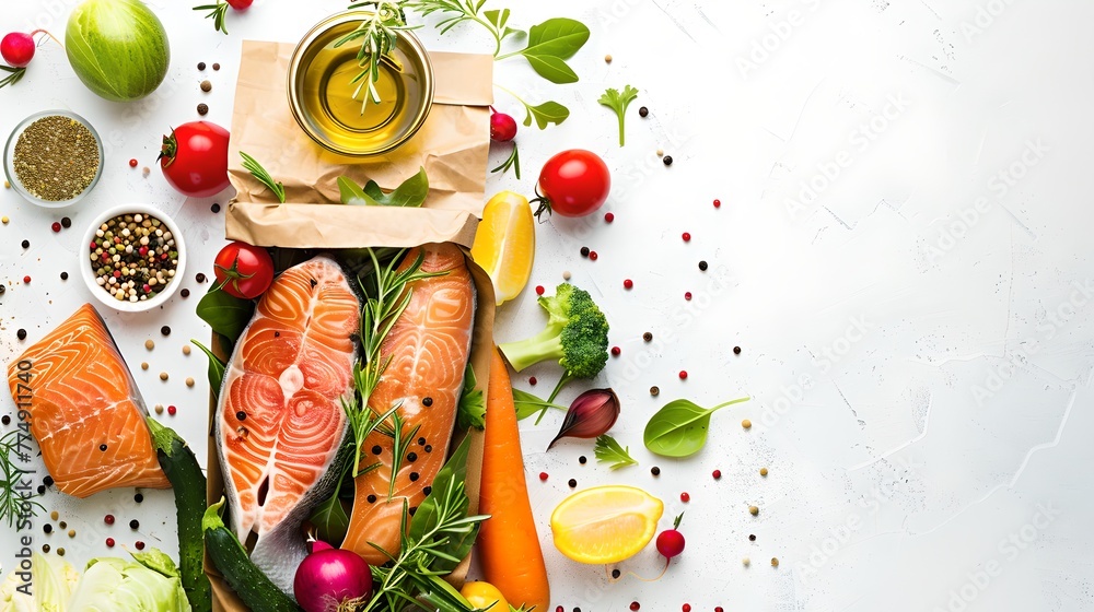 Healthy Eating Concept with Fresh Vegetables, Fruits, Fish and Olive Oil on a White Background. Ideal for Nutritional Guidance. Delightful and Appetizing Ingredients. AI