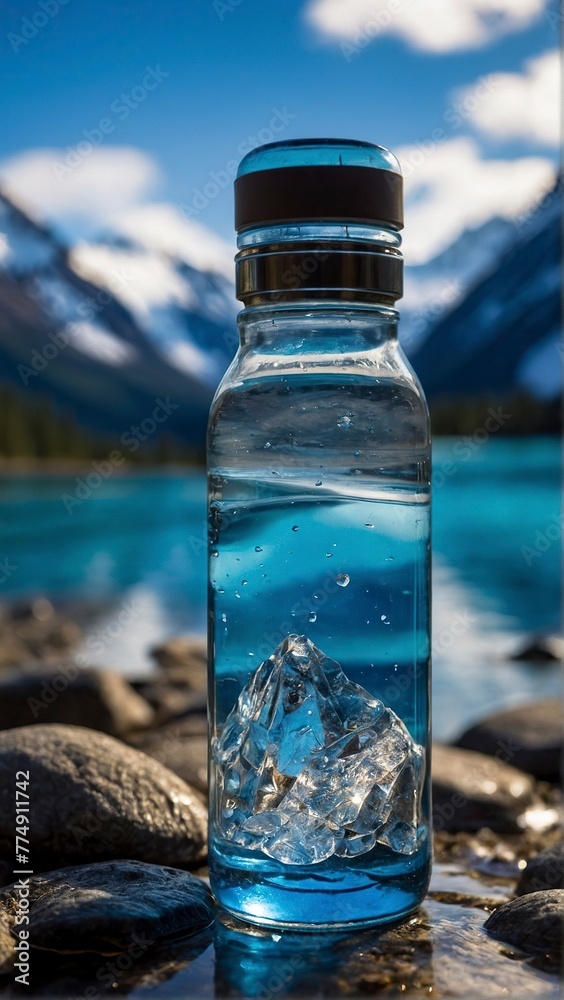 An unopened bottle of crystal clear water in the heart of Alaska's pristine mountains and glaciers. An unopened bottle of crystal clear water in the heart of Alaska's pristine mountains and glaciers.