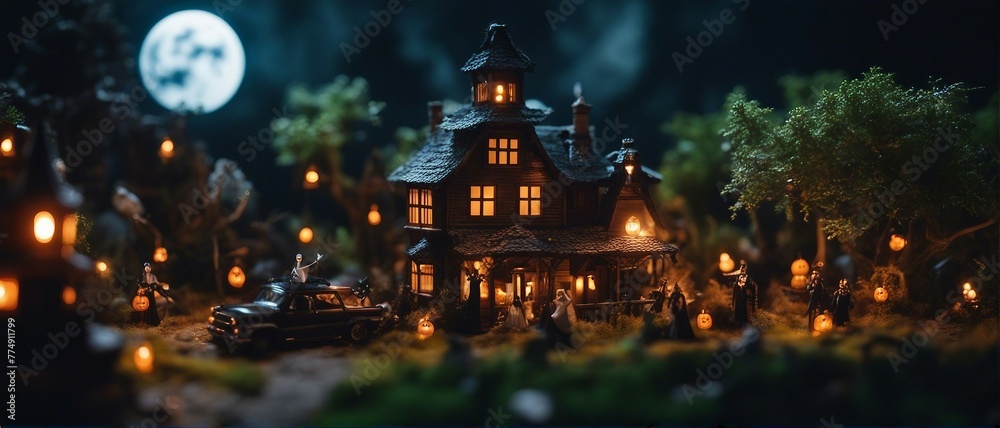 Obraz premium Spooky Miniatures: AI-Generated Halloween Images Perfect for Your Projects! From Tiny Haunted Houses to Miniature Pumpkins, These Images Bring Big Halloween Fun! Party in mansion at night, costumes.