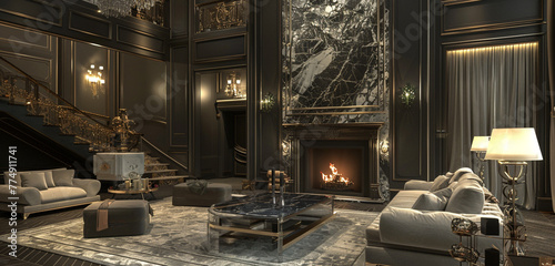 Silver metallic-patterned stone, luxurious fireplace, and extravagant furnishings in an opulent home.