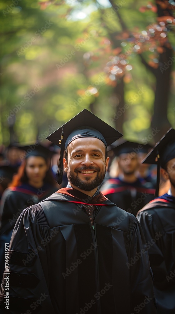 Obraz premium Line of graduates donning caps and gowns, celebrating academic achievement with pride and anticipation