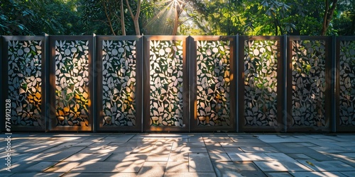 artistic fence featuring metal panels with laser-cut patterns inspired by nature