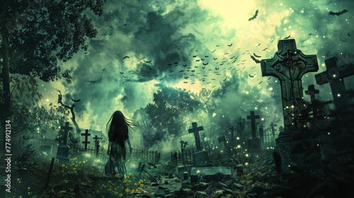 scary halloween background with a ghost girl on a graveyard