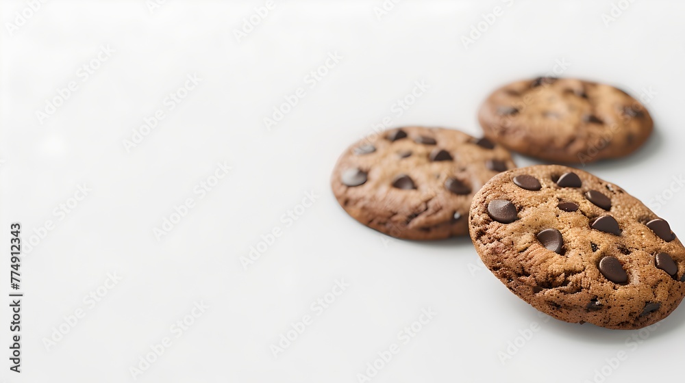 Three Chocolate Chip Cookies on a Clean White Background. Perfect for Snack Advertisements. Simple and Delicious Treats. AI Three Chocolate Chip Cookies on a Clean White Background. Perfect for Snack Advertisements. Simple and Delicious Treats. AI