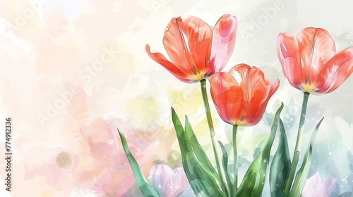Tulip flowers with watercolor style for invitation wedding card background. AI generated © atapdesain