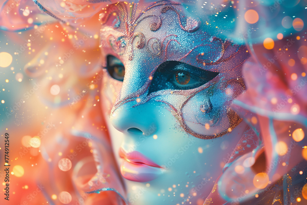 Portrait of woman in carnival blue mask with glitter on abstract background.