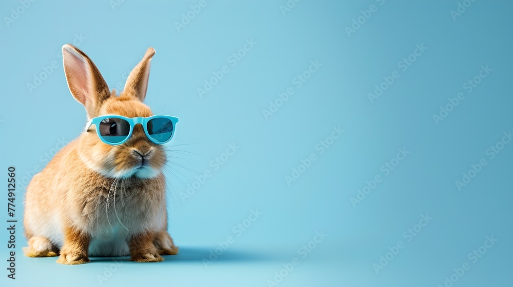 Stylish Bunny in Sunglasses Posing on a Blue Background. Cute Rabbit with a Cool Attitude for Fun Projects and Art. Perfect for Easter and Pet Themes. AI