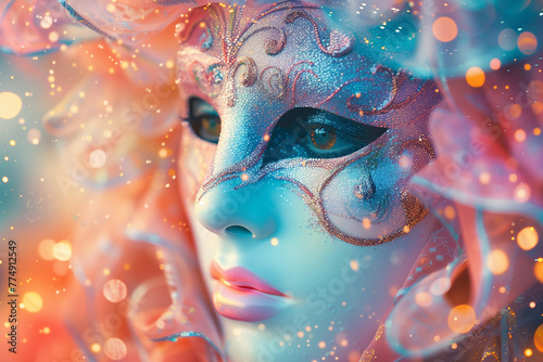 Portrait of woman in carnival blue mask with glitter on abstract background.