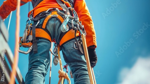 In-depth of an advert climber using all of his survival tools while ascending a tower over a backdrop of the blue sky and space, Generative AI.