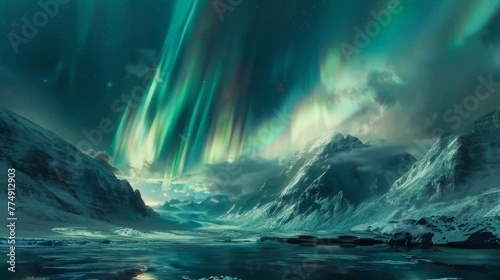Northern lights or Aurora borealis in the sky.