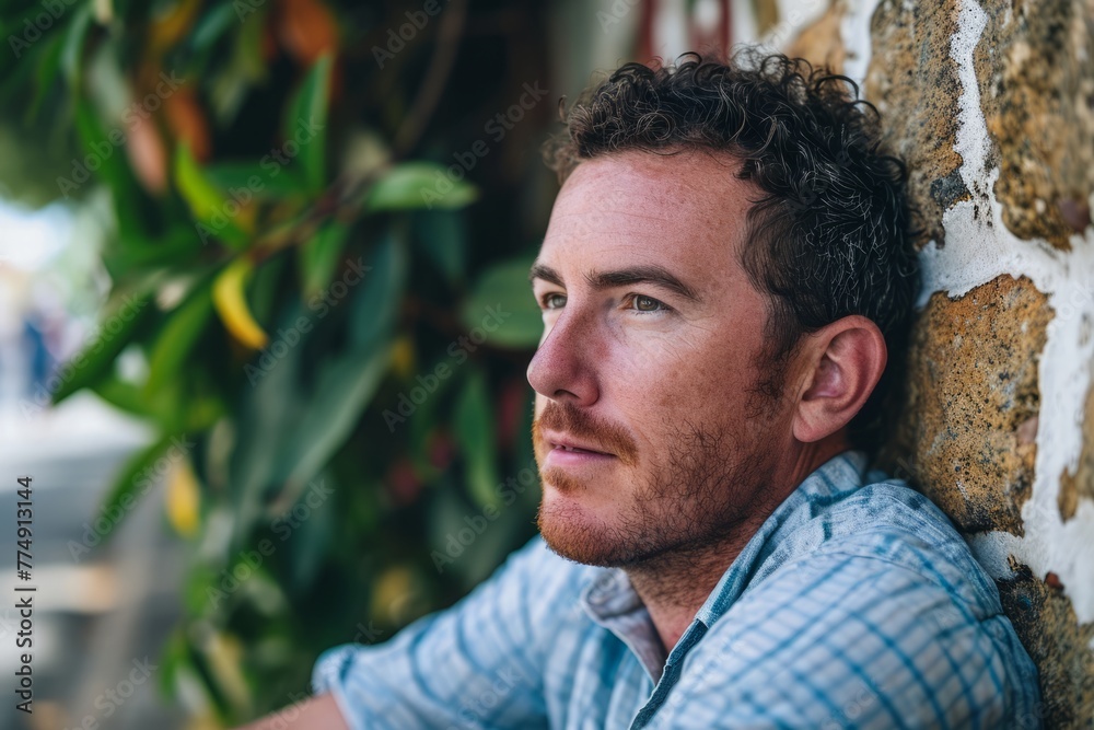 Portrait of a handsome young man with red hair and beard, wearing a blue plaid shirt, leaning against a stone wall Portrait of a handsome young man with red hair and beard, wearing a blue plaid shirt, leaning against a stone wall