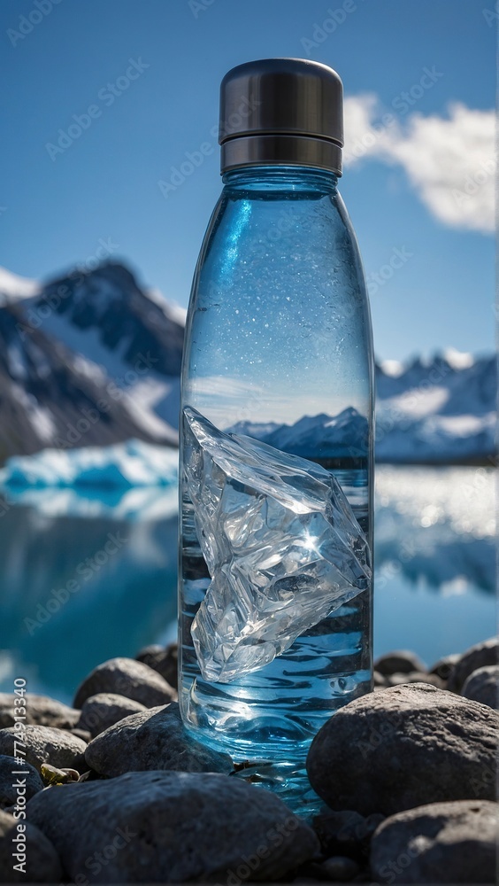 An unopened bottle of crystal clear water in the heart of Alaska's pristine mountains and glaciers. An unopened bottle of crystal clear water in the heart of Alaska's pristine mountains and glaciers.